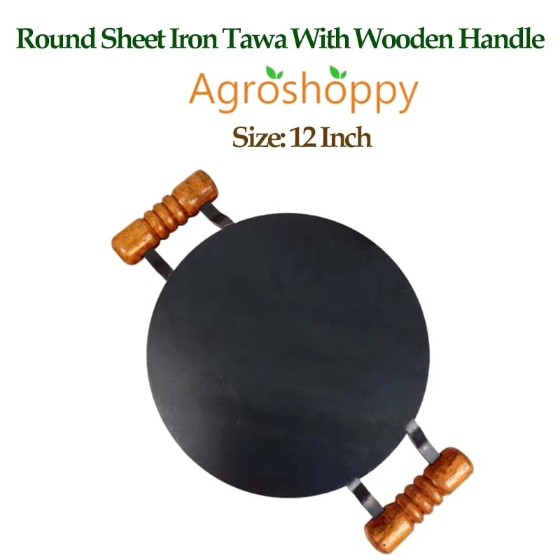 Sheet Iron Round dhosa tawa with Double Side Wooden Handle |12 inch, 25 CM |Paper Roast Tawa