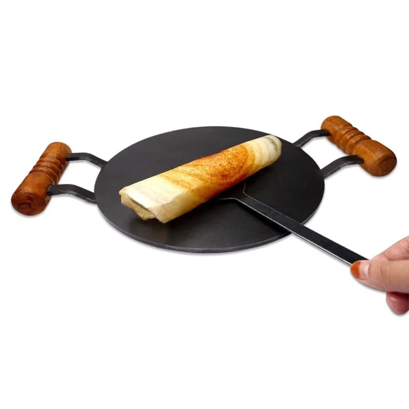 Sheet Iron Round dhosa tawa with Double Side Wooden Handle |12 inch, 25 CM |Paper Roast Tawa