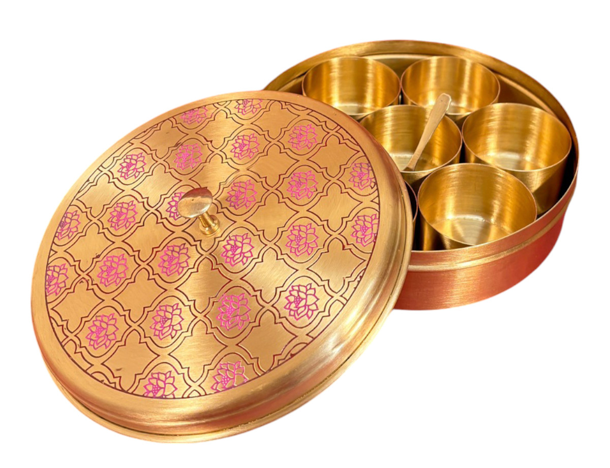Brass Round Masala Box Pink Colour Etching 8 Inch - Agroshoppy