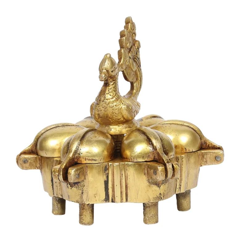 Antique Brass Peacock 6 Compartment Haldi Box Price