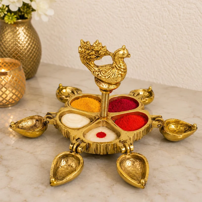 Buy Antique Brass Peacock 6 Compartment Haldi Box Online