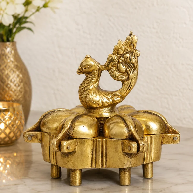 Antique Brass Peacock 6 Compartment Haldi Box Details