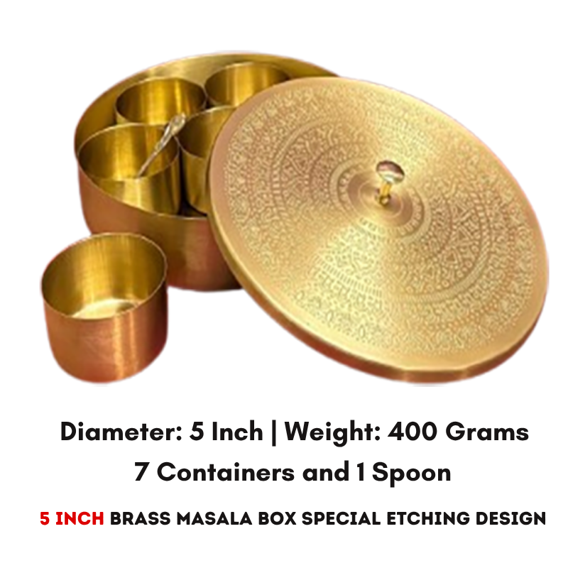 5 Inch Brass Masala Box Premium Matte Finish With Special Etching Design - AS004