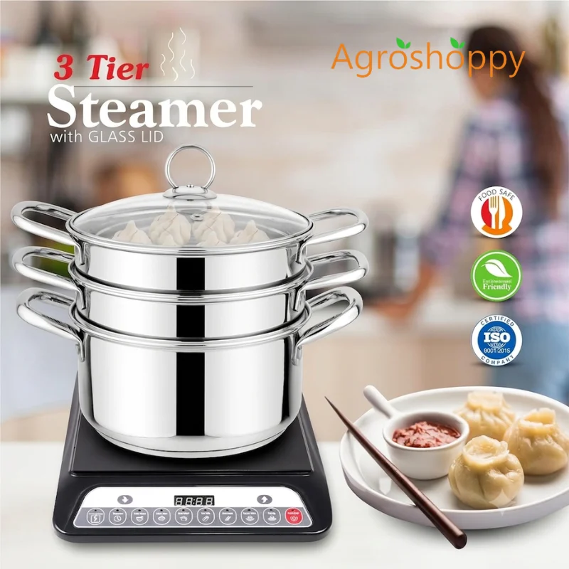 Sandwich Bottom 3 Tier Stainless Steel  Steamer with Glass Lid | Induction Base Steamer | Agroshoppy