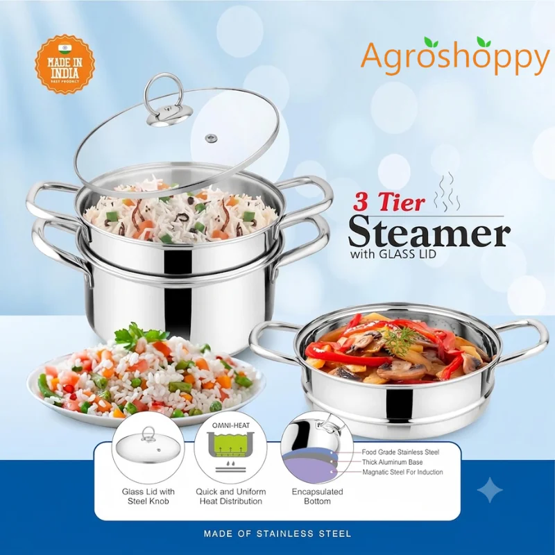 Sandwich Bottom 3 Tier Stainless Steel  Steamer with Glass Lid | Induction Base Steamer | Agroshoppy
