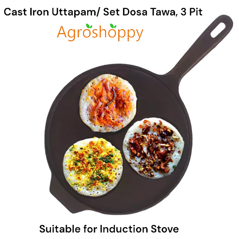 Cast Iron Uttapam/ Set Dosa Tawa, 3 Pit