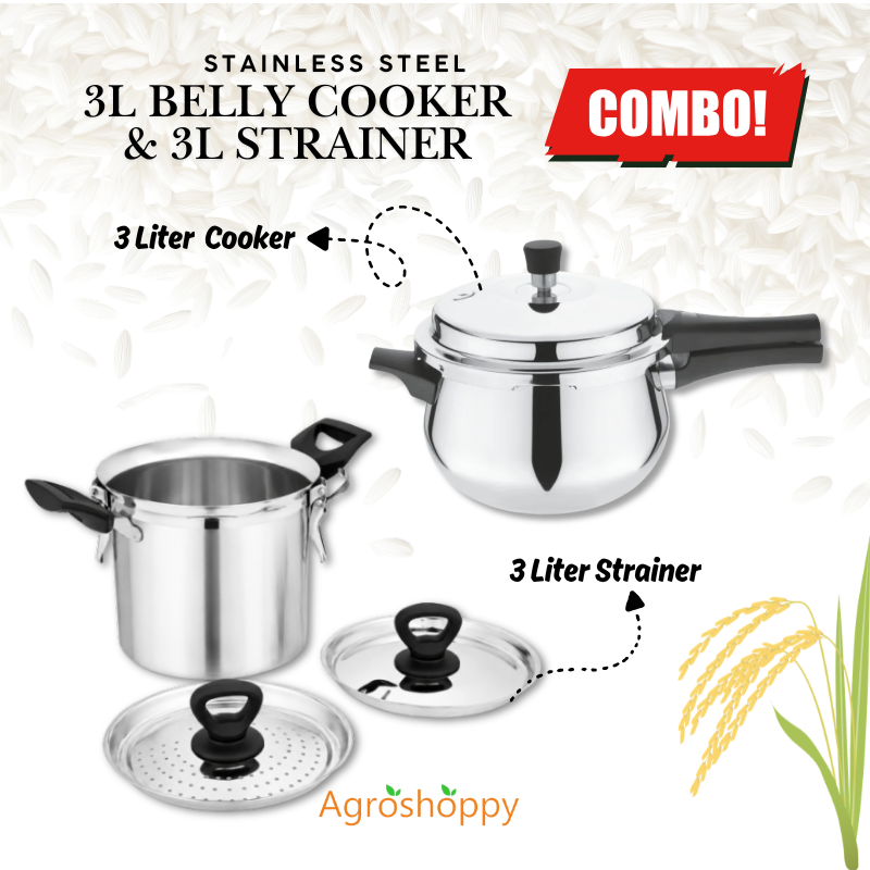 3 Liter Stainless Steel Belly Cooker & 3 Liter Stainless Steel Rice Strainer Combo