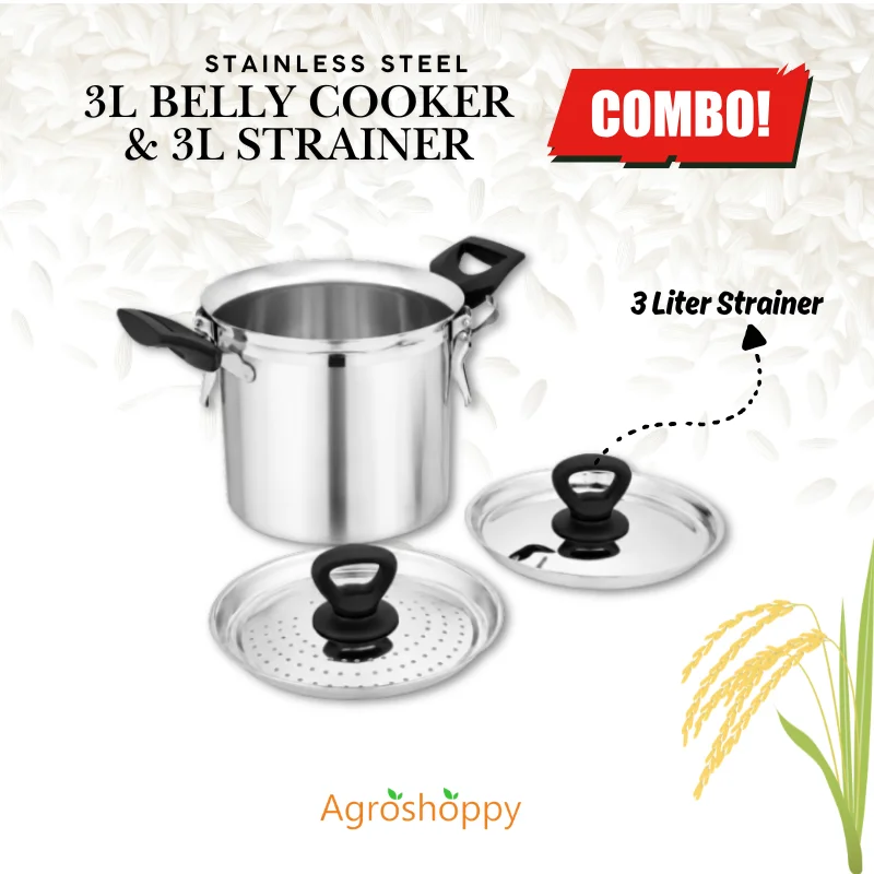 3 Liter Stainless Steel Belly Cooker & 3 Liter Stainless Steel Rice Strainer Combo