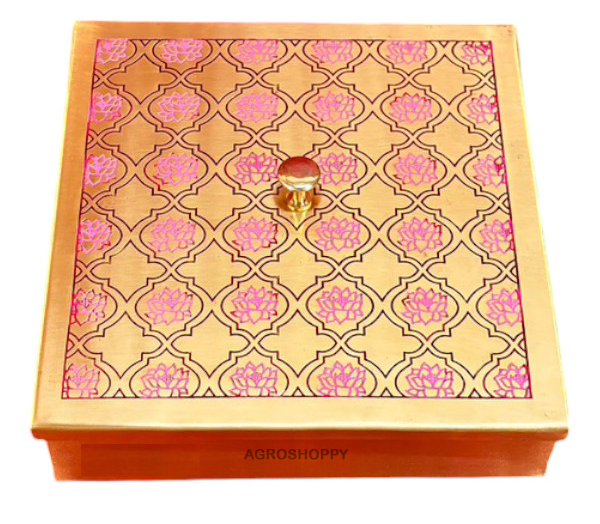 Brass Square Masala Box Pink Colour Etching 6 Inch - Agroshoppy