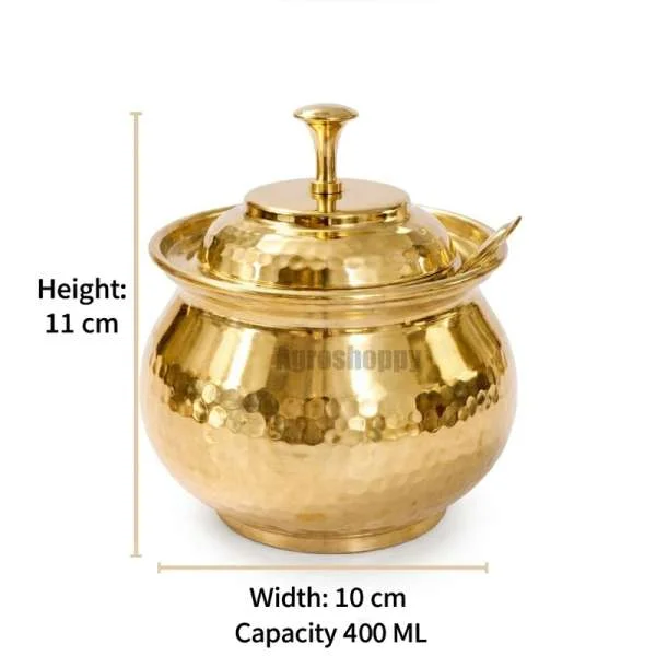 Handcrafted Brass Ghee Pot(400 ML) with Lid & Spoon | Kalai Coated