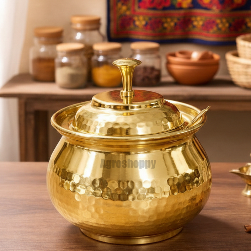 Handcrafted Brass Ghee Pot(400 ML) with Lid & Spoon | Kalai Coated